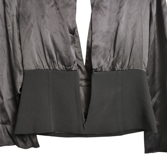 Cinq à Sept Black Satin Plunge Neck Peplum Blouse Bell Sleeves Top | Size 8 - Picture 6 of 8